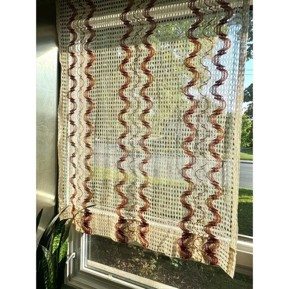Vintage 70s curtain, cream and rust brown, net open weave, single panel - Picture 1 of 10